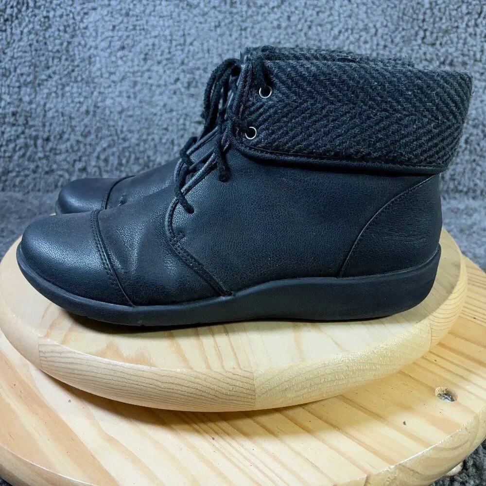 Clarks Sillian Frey Ankle Boots Womens Size 8.5 Black Leather Lace Up Flannel